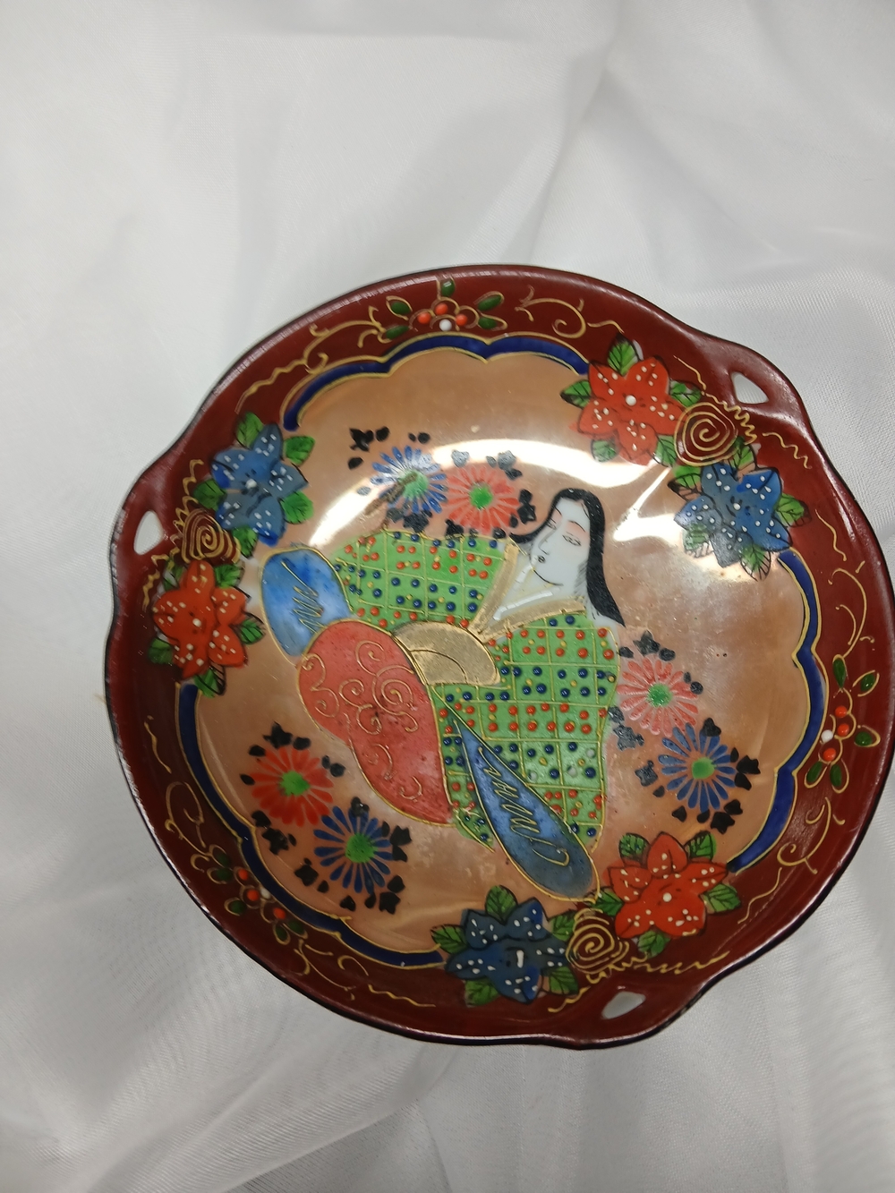 Hand-Painted Decorative Asian-Style Ceramic Plate in Red, Green, Blue